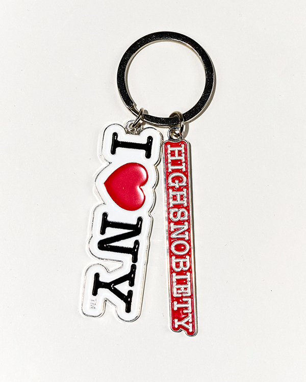 Metal keychain with two tags: one says 'I ❤️ NY' and the other says 'HIGHSNOBIETY' in red and white.