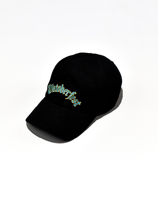 Black baseball cap with 'Oktoberfest' embroidered in blue and yellow script on the front.
