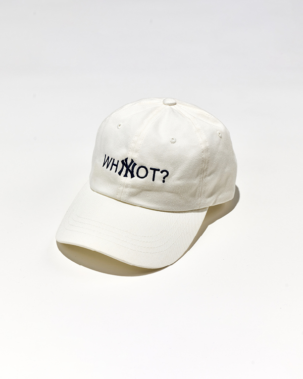 White baseball cap with the text 'WHY NOT?' embroidered in black, featuring stylized Y and N letters forming an overlapping design.