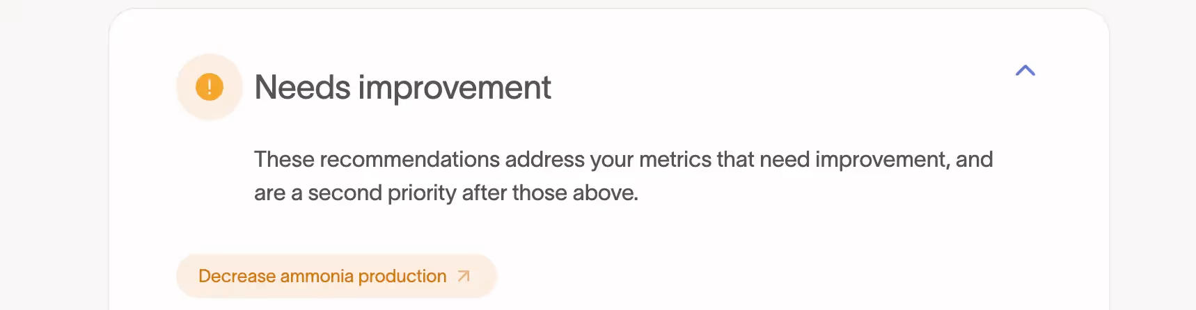 A screenshot of a health recommendation with an exclamation icon in a yellow circle labeled "Needs improvement." Below, text reads: "These recommendations address your metrics that need improvement, and are a second priority after those above." An orange button states: "Decrease ammonia production" with an upward arrow next to it.