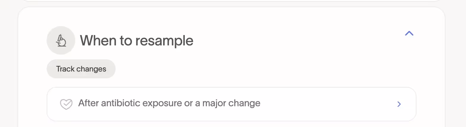 A screenshot with a section titled "When to resample." Under the subheading "Track changes," there is a recommendation: "After antibiotic exposure or a major change," accompanied by a heart and checkmark icon and a right arrow.