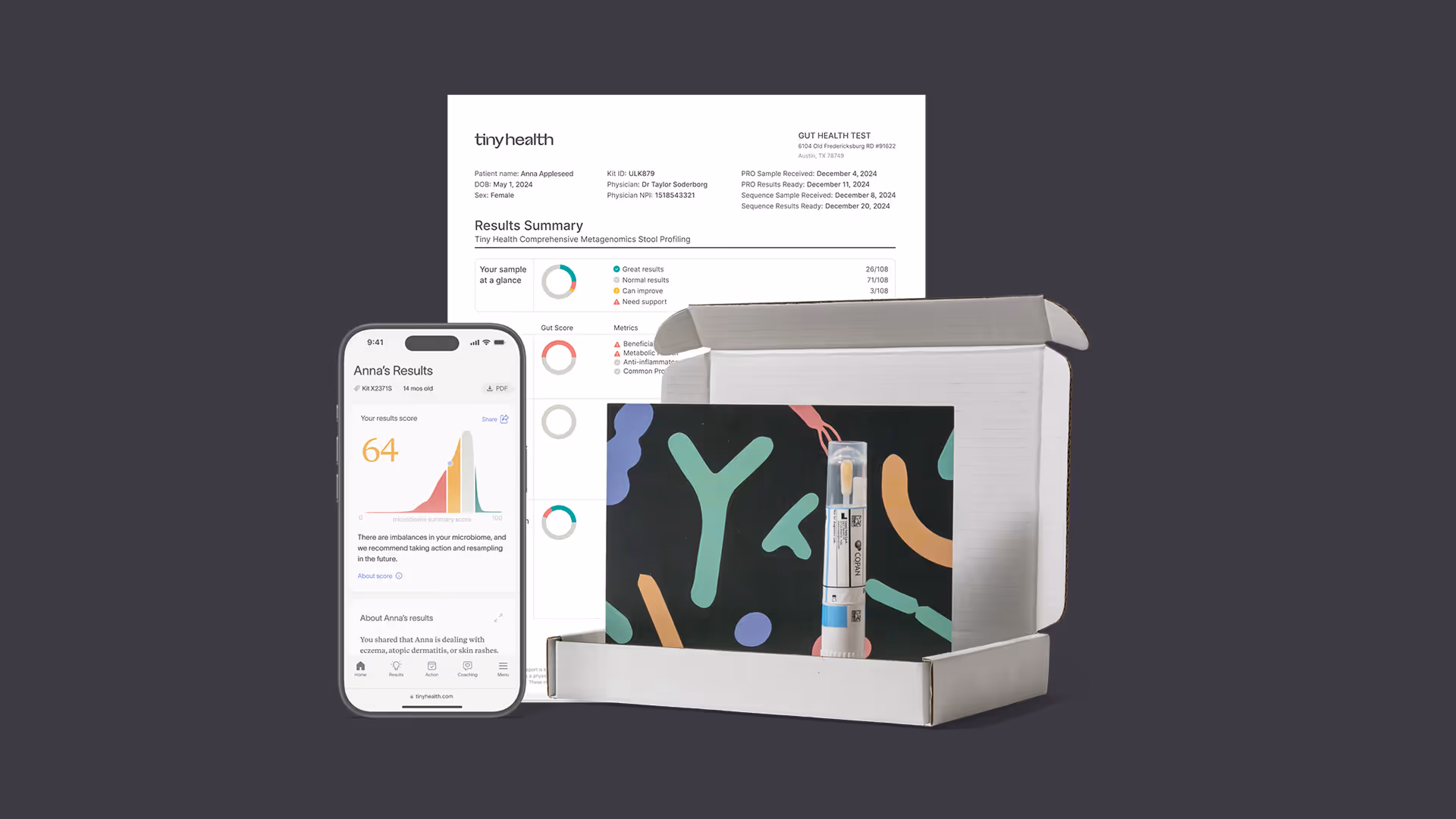 A comprehensive Tiny Health gut microbiome test with a phone and PDF of test results