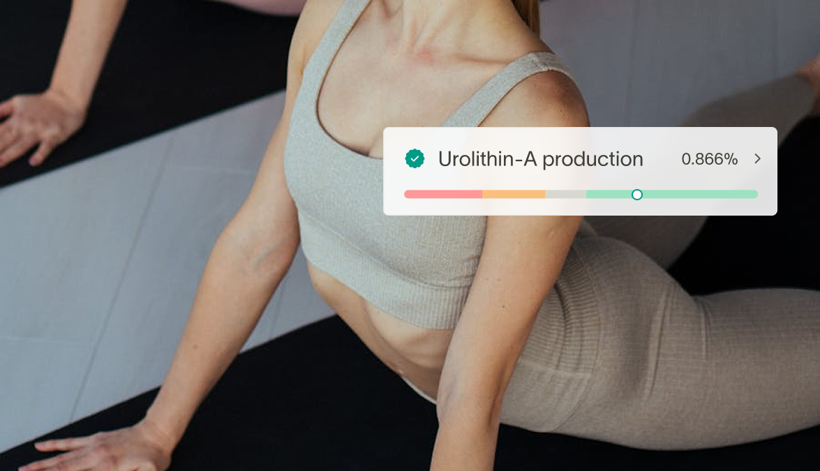 Woman in gray workout clothes doing yoga with a Tiny Health Urolithin-A production score of 0.866% displayed.