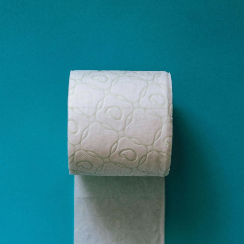 A roll of white toilet paper with a subtle embossed pattern hanging against a teal wall.