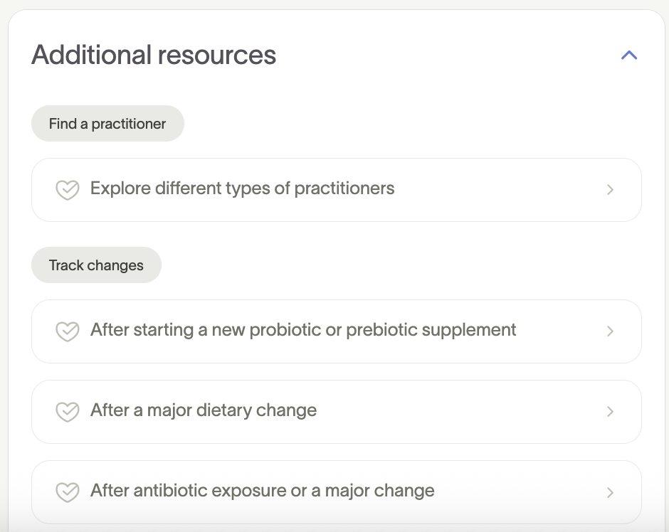 Additional resources section with practitioner finder and guidance on tracking microbiome changes