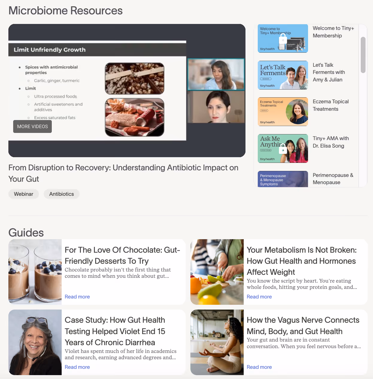 Resources page with antibiotic webinar and guides on gut health, PCOS, vagus nerve, and microbiome testing