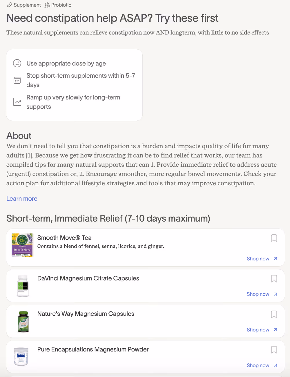 Constipation relief recommendations showing natural supplements with dosing guidance and immediate relief product options