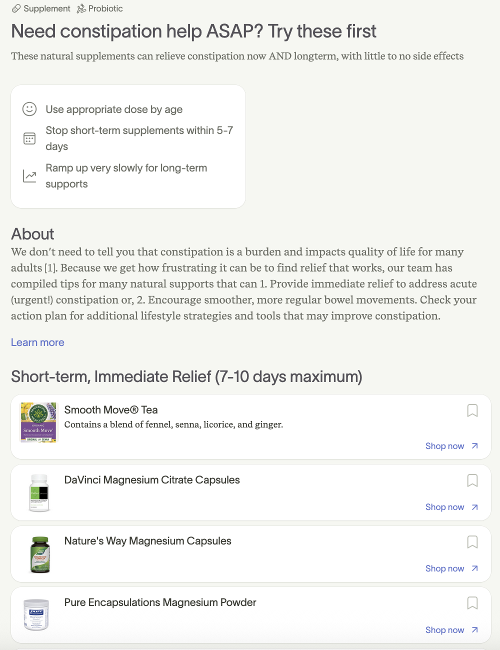 Constipation relief recommendations showing natural supplements with dosing guidance and immediate relief product options