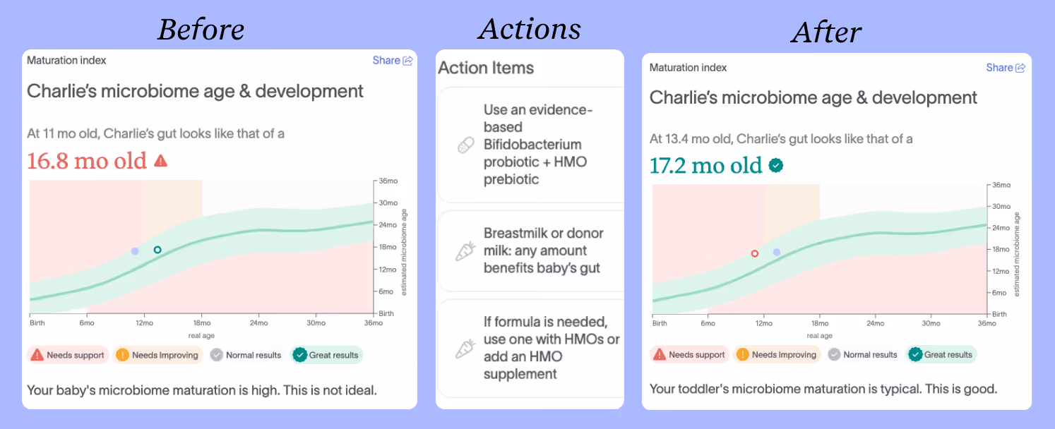 Charlie's gut maturation improved from 16.8 months (flagged) to 17.2 months (normal) after targeted support.