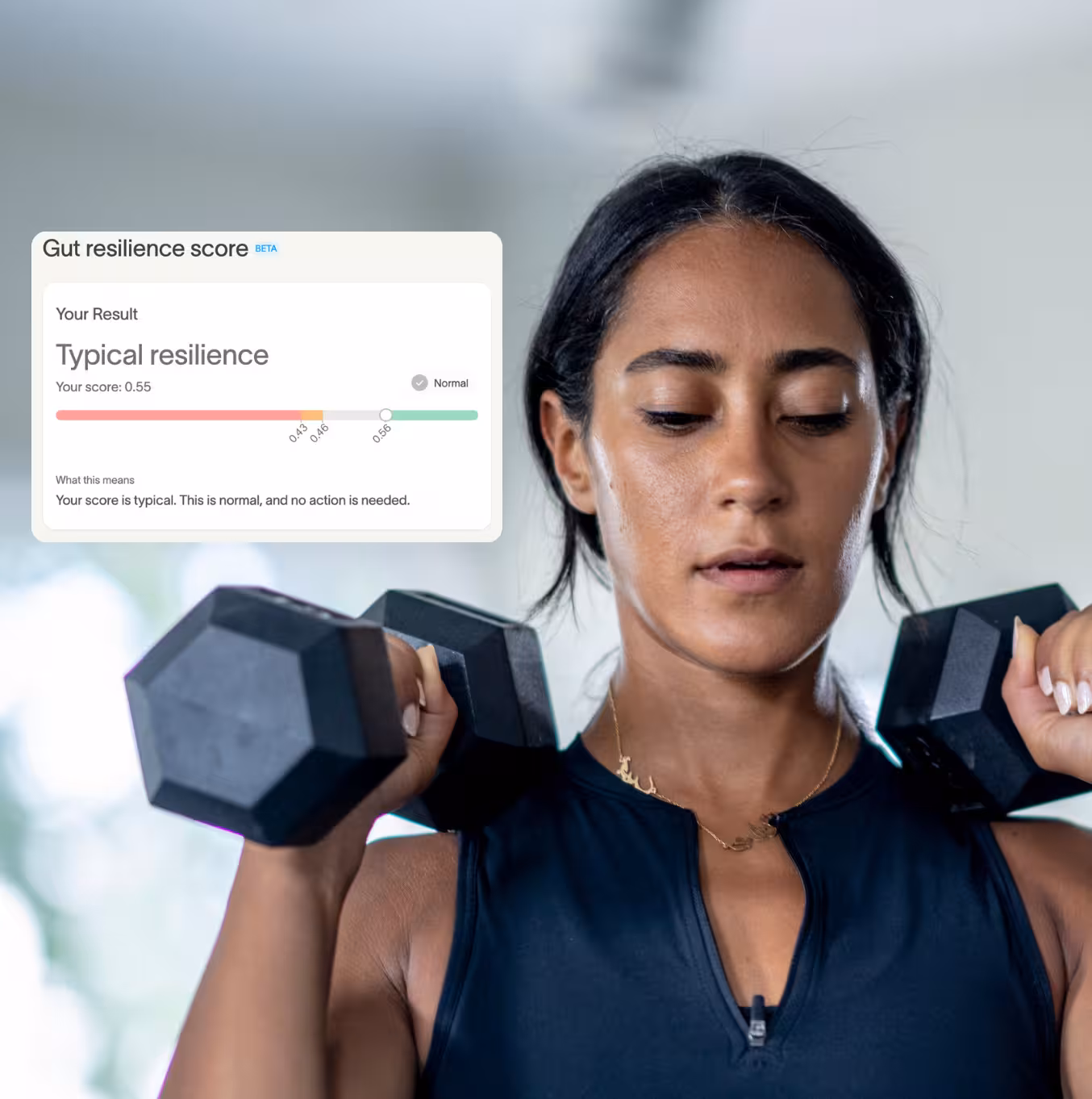 Woman lifting dumbbells with a Gut Resilience Score result showing typical resilience at a score of 0.55.