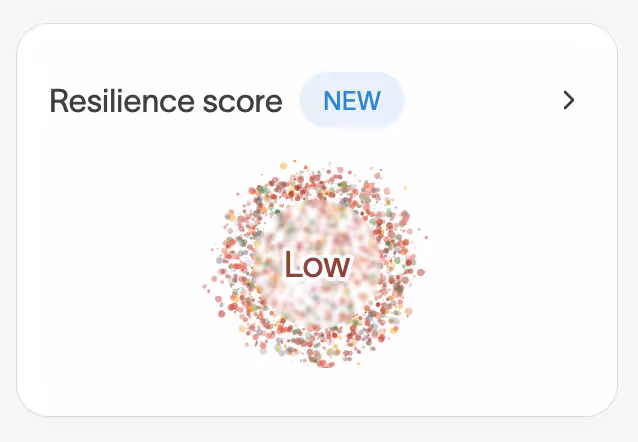Resilience score card marked New showing a Low result inside a scattered cluster of gut microbes