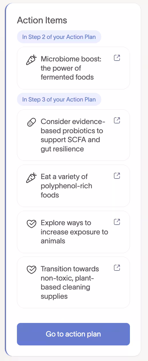 Action items list with personalized steps to support gut resilience and a go to action plan button