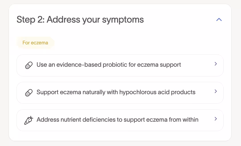 Screenshot of Tiny Health action plan Step 2 for eczema, listing probiotic and nutrient recommendations.