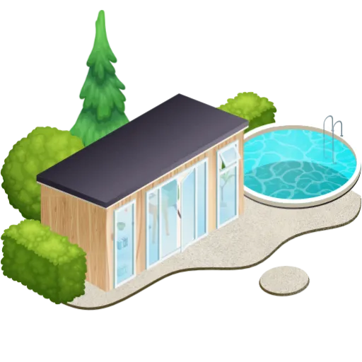 An illustration of a garden summer house or outbuilding with bushes, beside a small round swimming pool 
