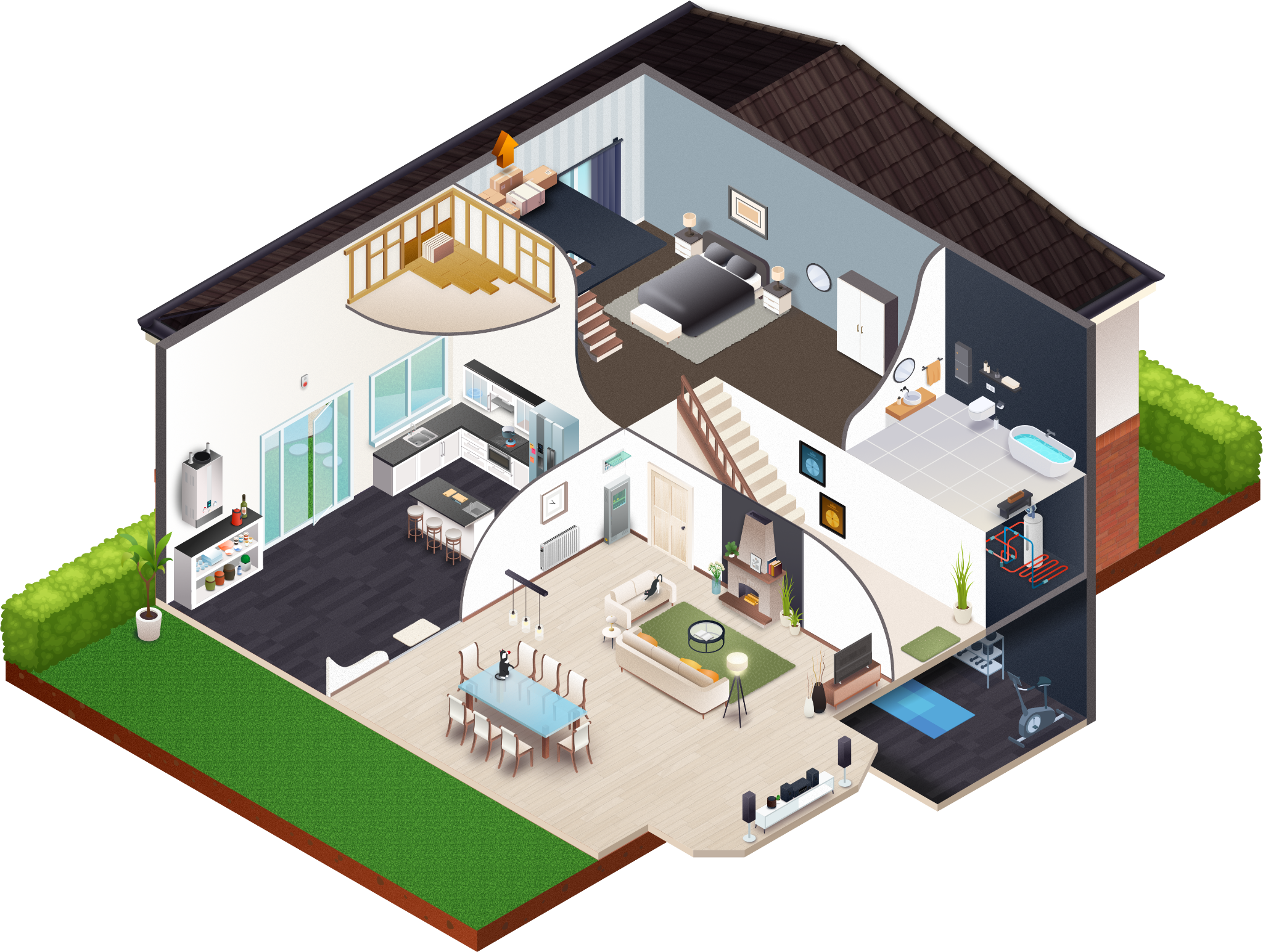 Interior view of a detached house, with roof removed to show each room  and its features