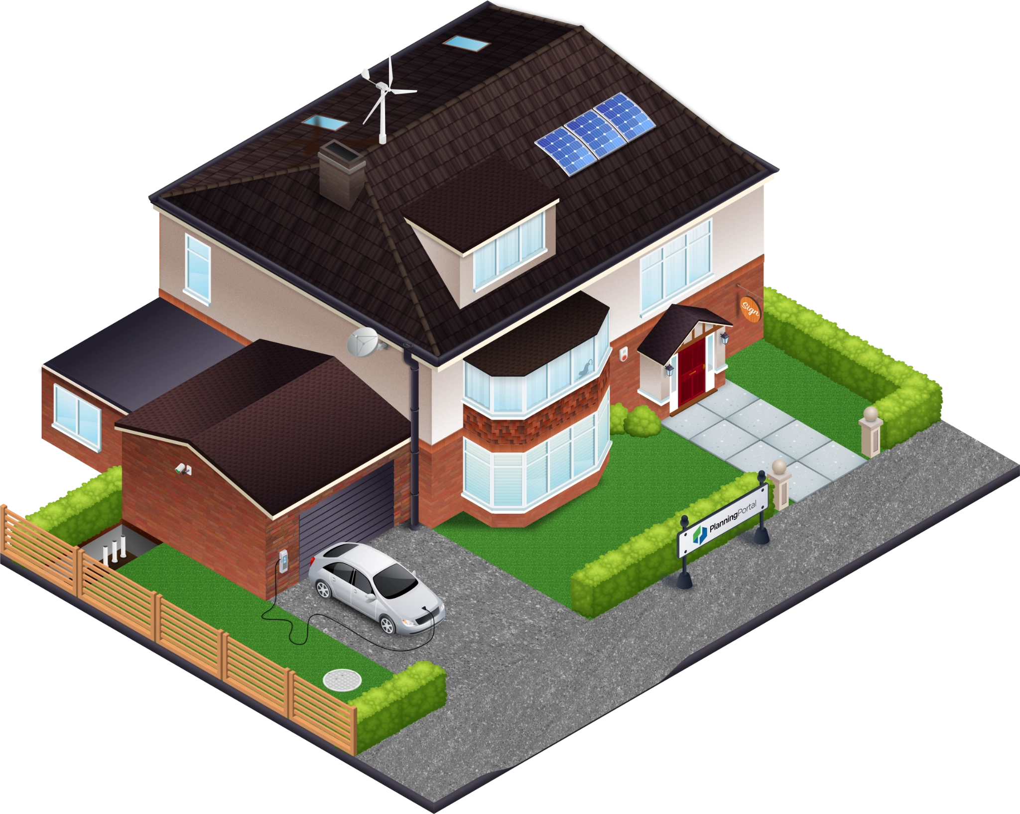 An illustration of a front and side view of a detached house and front garden, showing driveway and porch