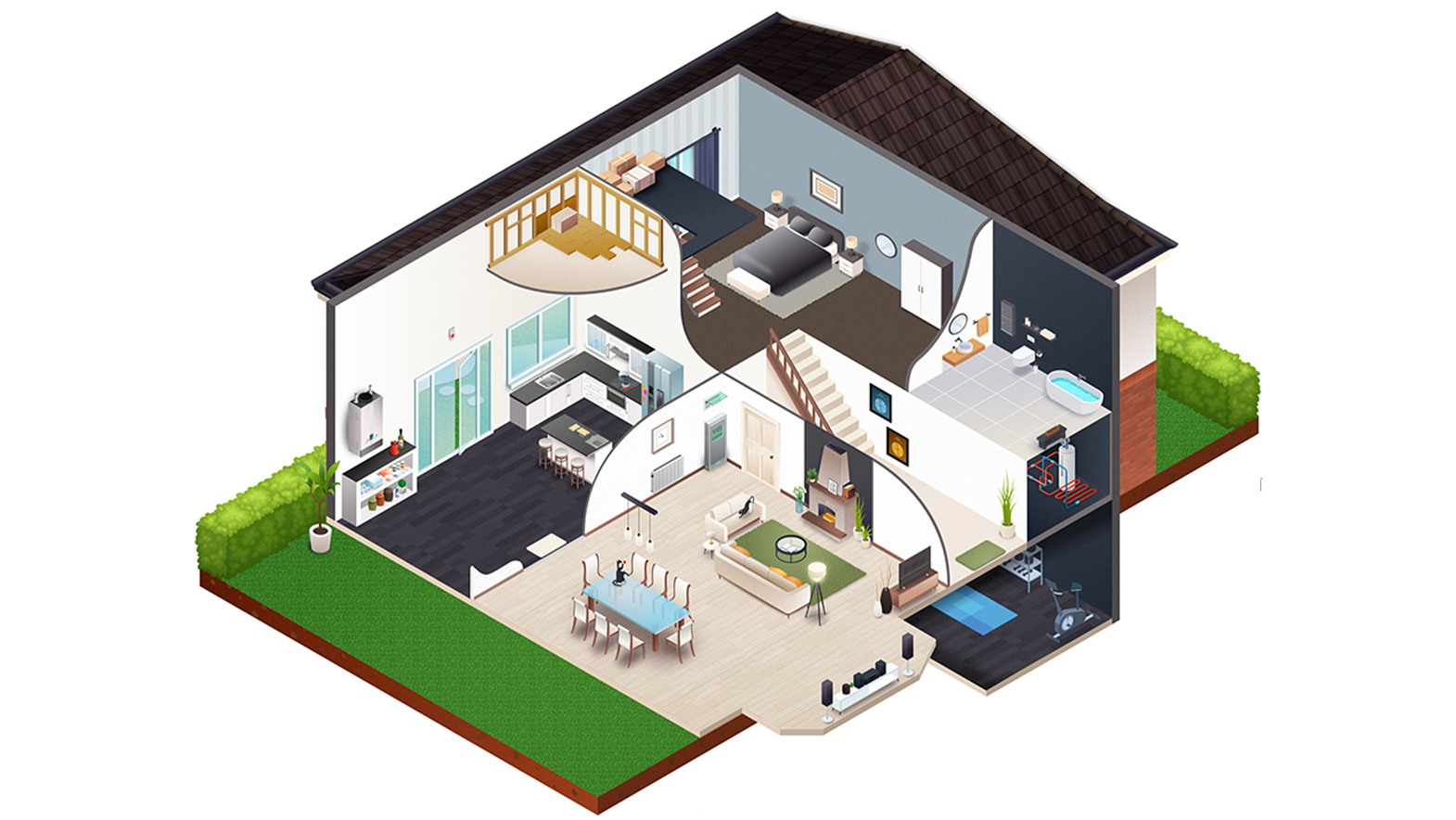 An illustration of the inside view of a detached house and its rooms and interior