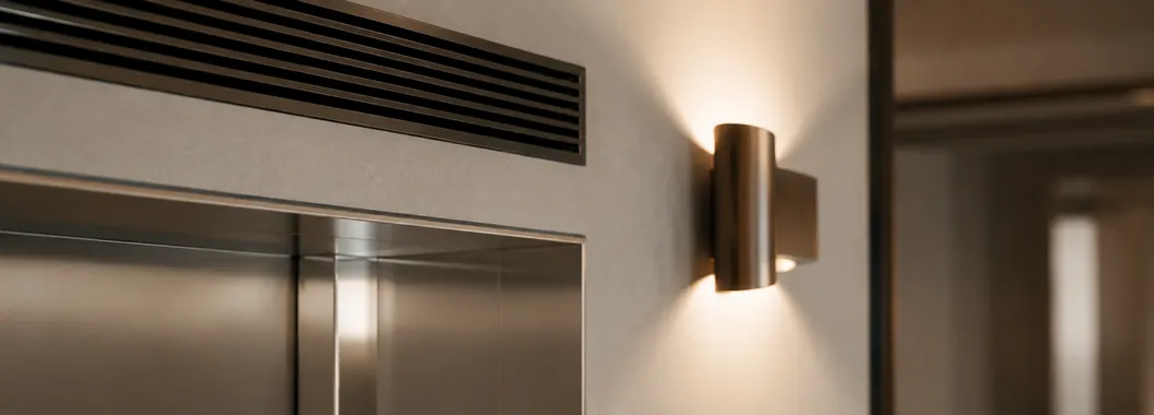 Grille d'aération et arête de porte d'ascenseur dans un couloir