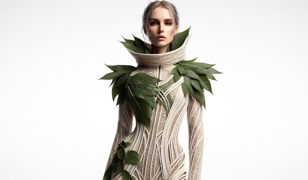 Una modella futuristica indossa abiti che rappresentano la sostenibilità e l'innovazione tecnologica nel settore della moda