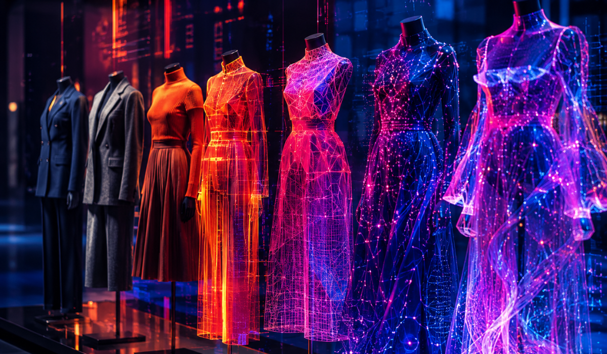 Esposizione di abiti di alta moda che mostra la trasformazione del design verso un'estetica moderna e digitale