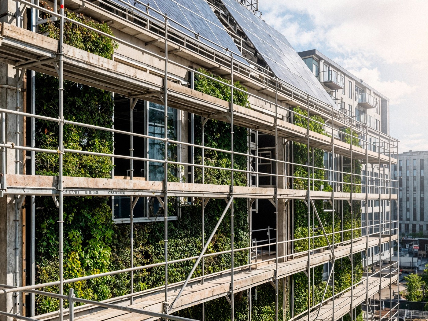 Edificio in ristrutturazione con ponteggi esterni, facciata verde verticale e pannelli solari sul tetto, un esempio concreto dei progetti di transizione energetica realizzabili grazie alla finanza agevolata per le imprese