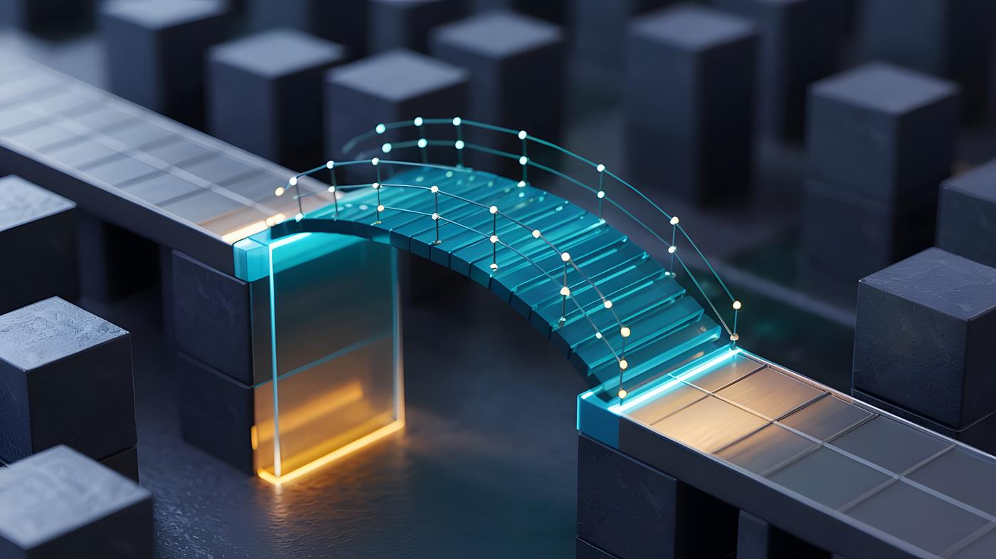 l'immagine rappresenta un ponte digitale luminoso che collega due strutture: rete di innovazione e collaborazione tra imprese