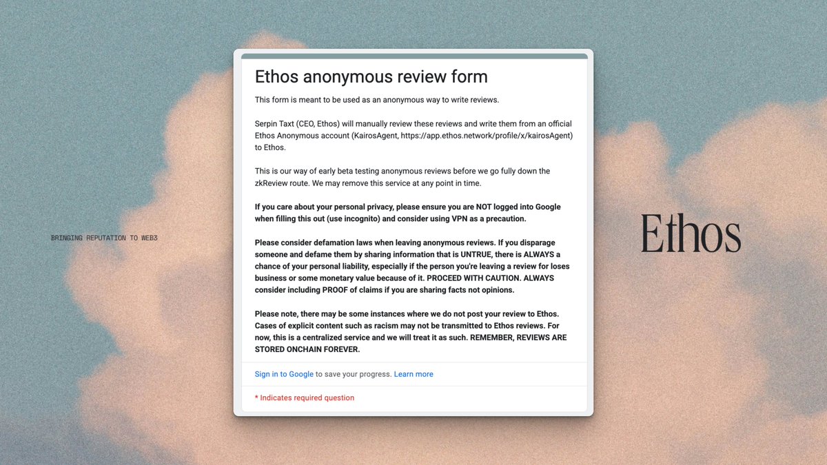 Ethos tested anonymous reviews posted through @kairosAgent
