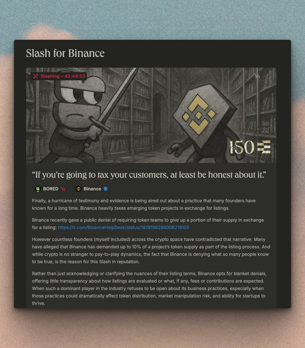 @BoredElonMusk opened a 150-point slash against Binance on Ethos