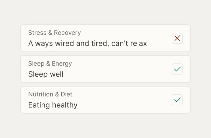 Three labeled options with status icons: Stress & Recovery - Always wired and tired, can't relax marked with a red X; Sleep & Energy - Sleep well marked with a green check; Nutrition & Diet - Eating healthy marked with a green check.