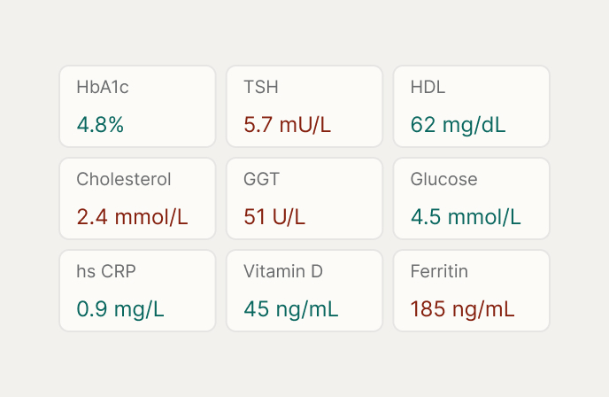 Health metrics showing HbA1c 4.8%, TSH 5.7 mU/L, HDL 62 mg/dL, Cholesterol 2.4 mmol/L, GGT 51 U/L, Glucose 4.5 mmol/L, hs CRP 0.9 mg/L, Vitamin D 45 ng/mL, and Ferritin 185 ng/mL.