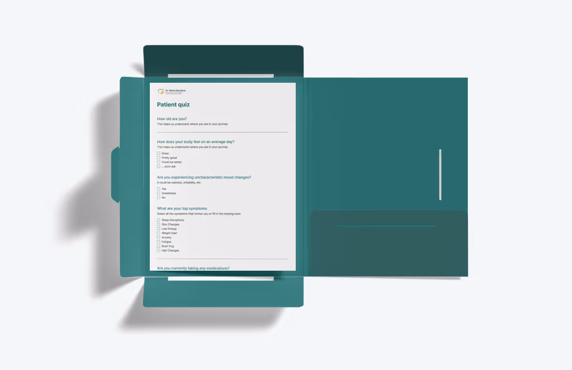 Green folder open with a printed patient quiz form inside listing questions about pain, mood changes, and medications.