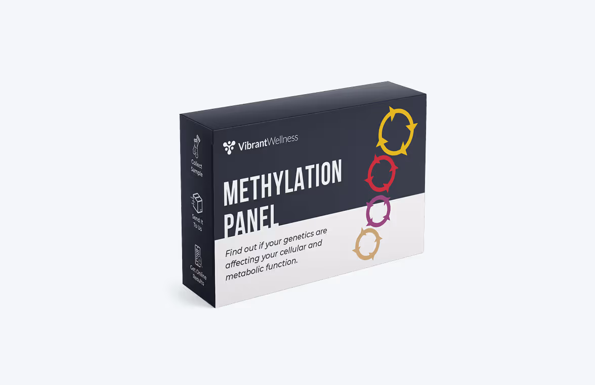 Vibrant Wellness Methylation Panel test kit box with instructions to collect sample, send it, and get online results.