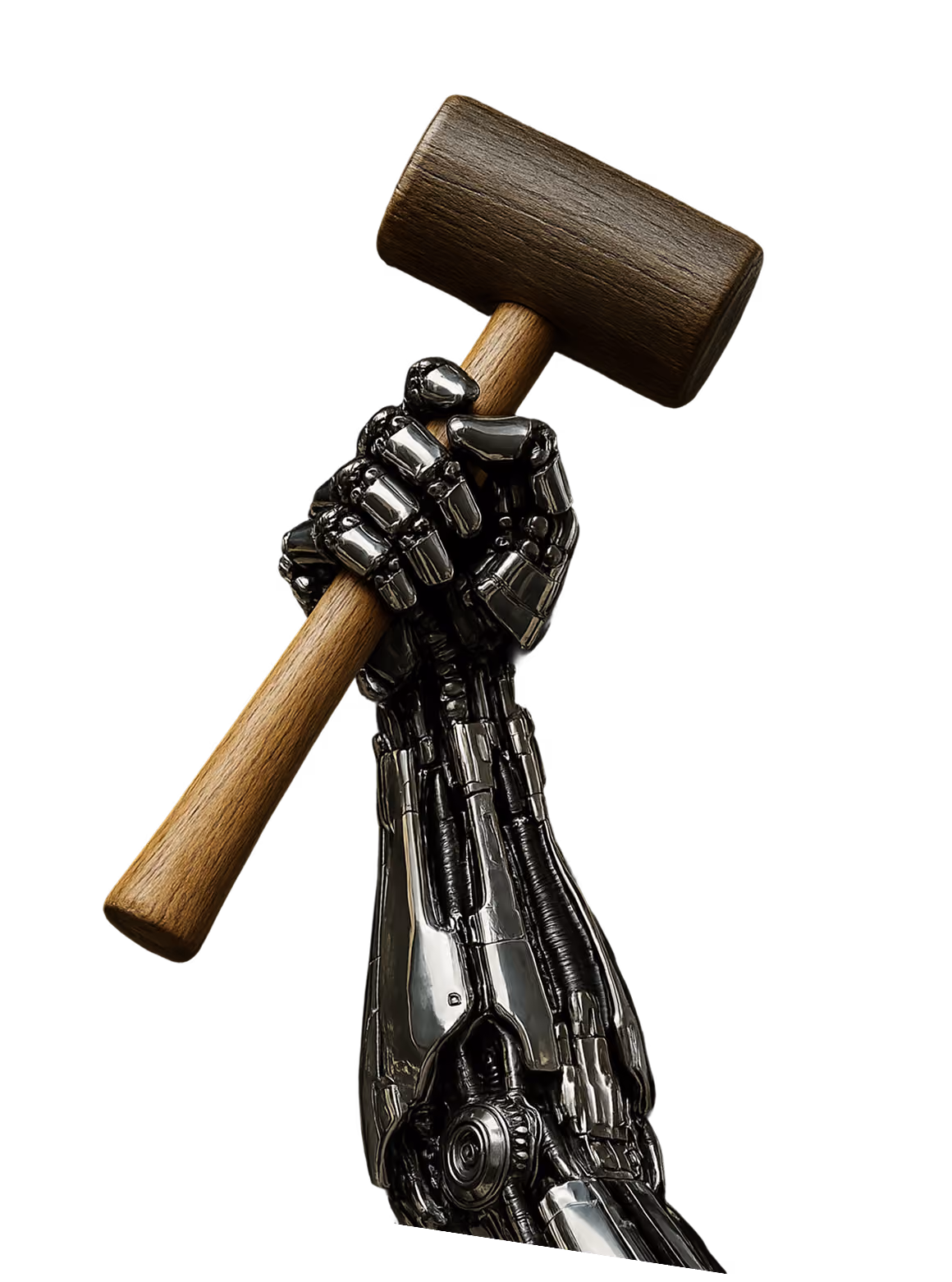 Image of robotic hand holding a wooden hammer highlighting the disparity of building new hardware with outdated tools.