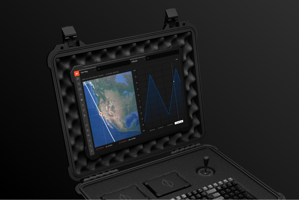 Travel case with computer screen showing Sift user interface displaying a geo plot and time series plot. 