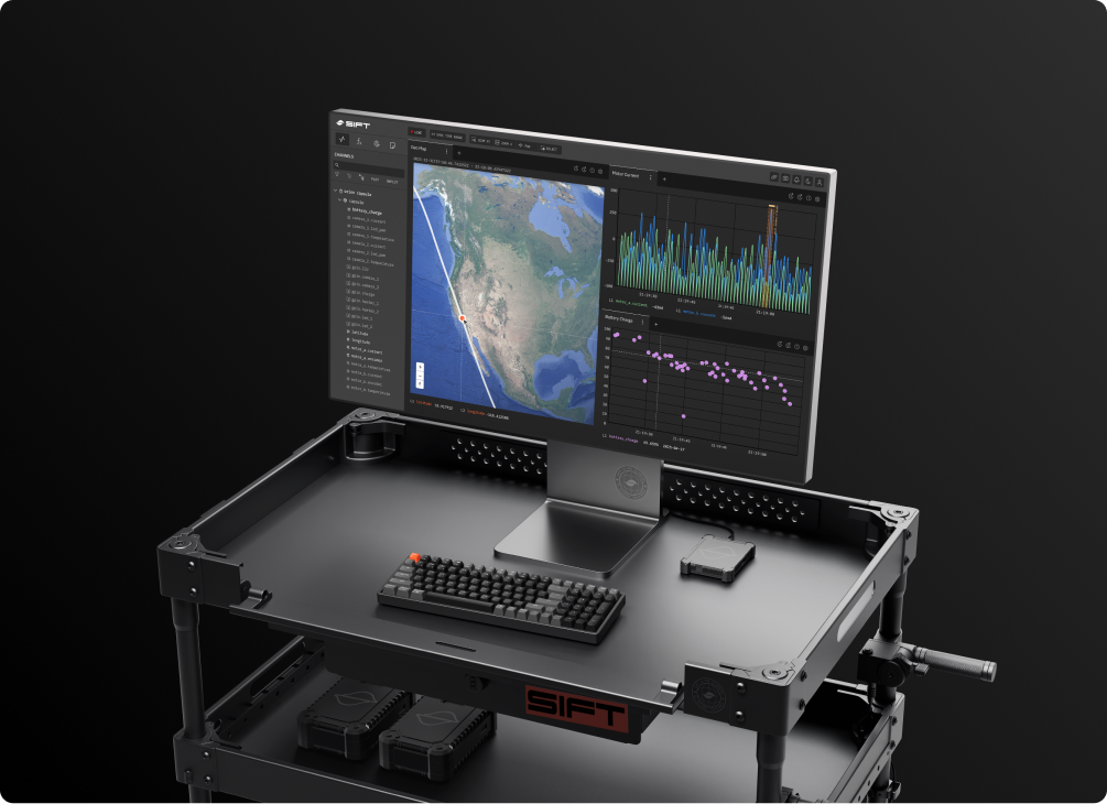 Tech cart with computer screen showing Sift user interface displaying an Explore page with geo plot, time series and scatter plot panels