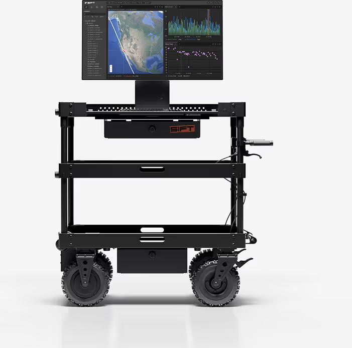 Tech cart with computer displaying Sift Explore with geo plot, time series and scatterplot panels