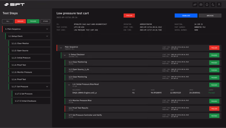 Audit-ready test campaign report table in the Sift platform