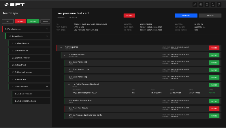 Audit-ready test campaign report table in the Sift platform