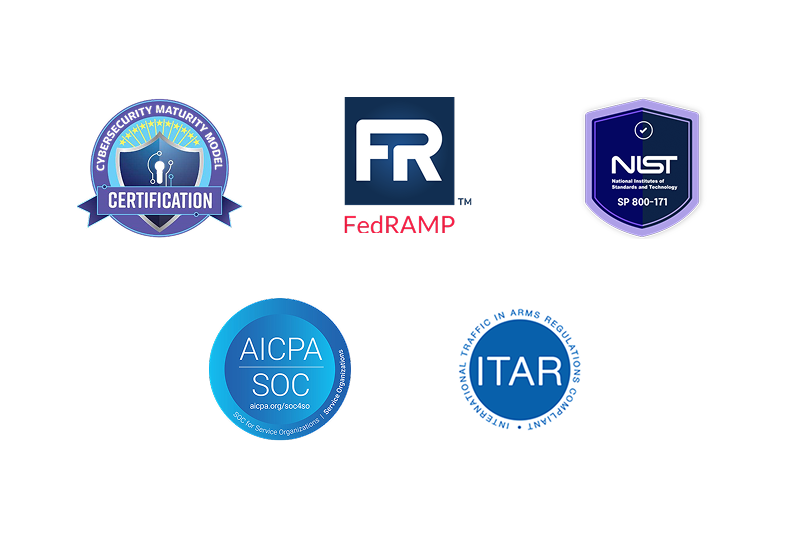 Compliance badges: SOC certification, FedRAMP, NIST, AICPA SOC, ITAR