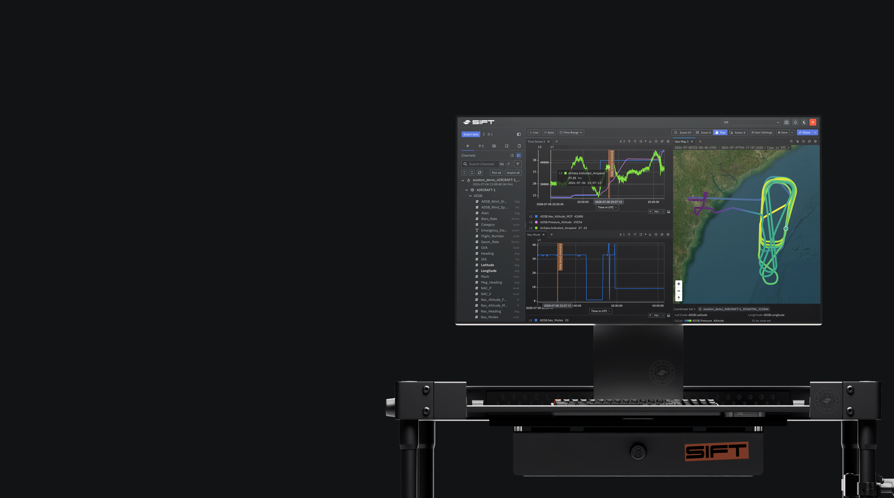 Sift interface displaying flight telemetry on a computer screen