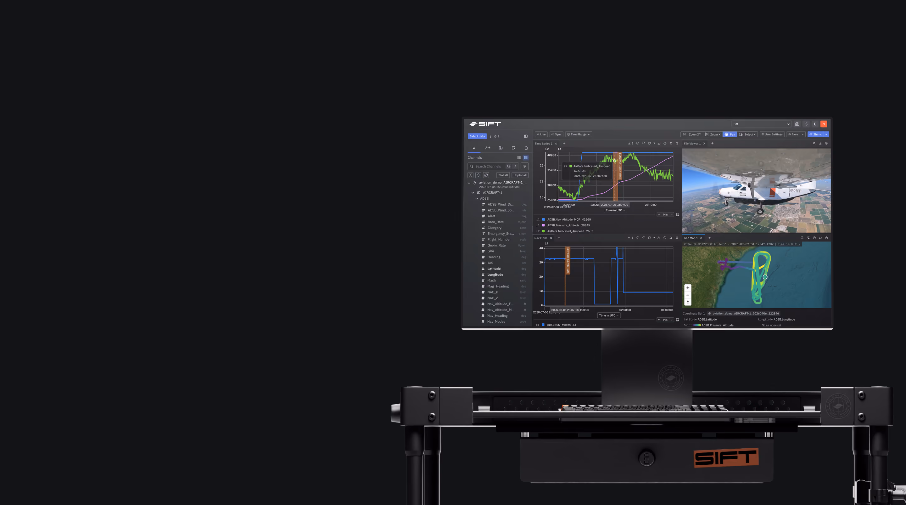 Sift interface displaying flight telemetry on a computer screen