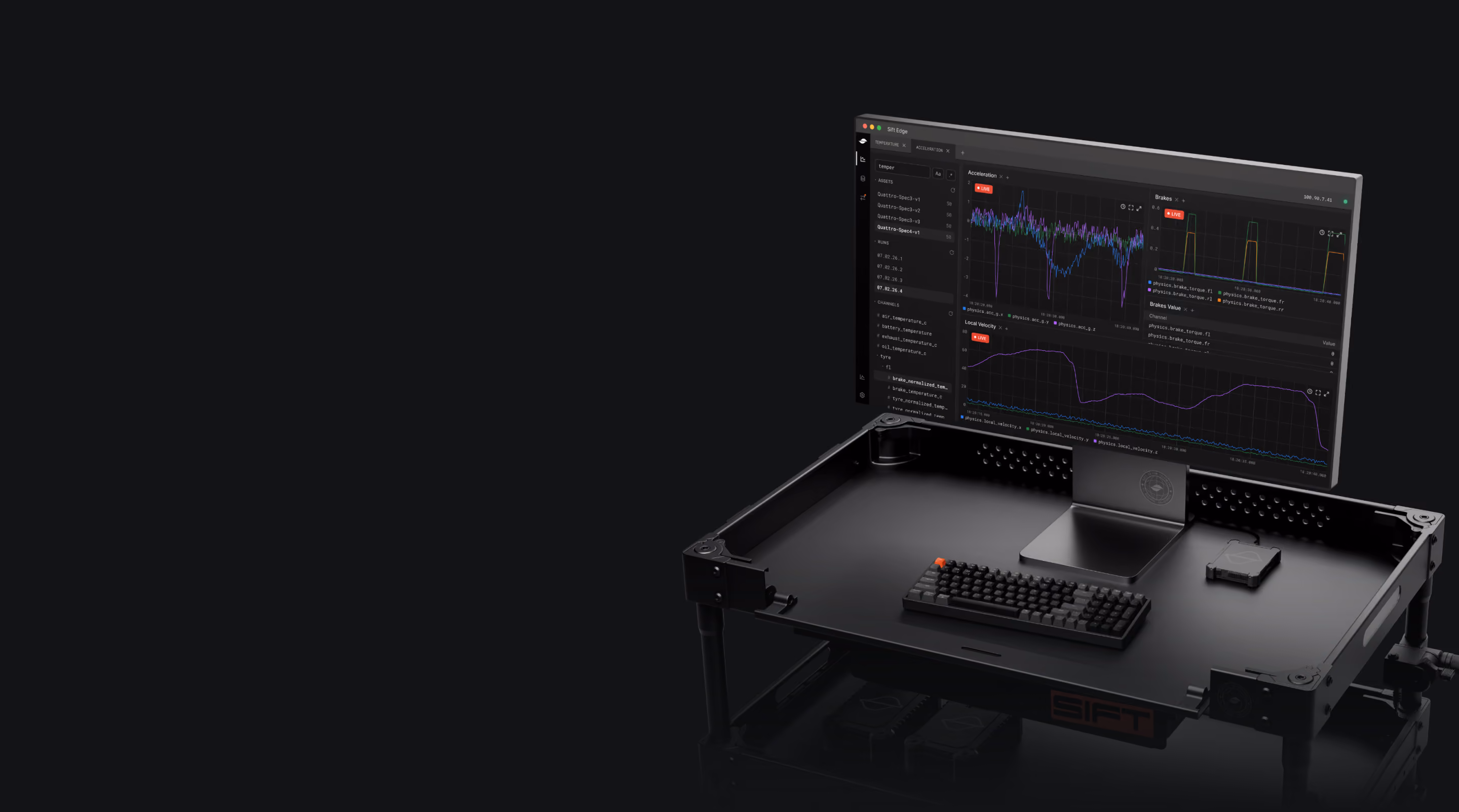 Sift Edge rugged transit case with a monitor showing the Sift interface plotting live vehicle telemetry