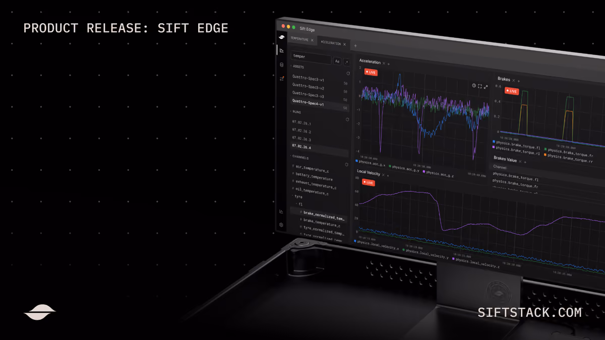 Sift Edge product release card showing the local viewer plotting live telemetry on a monitor