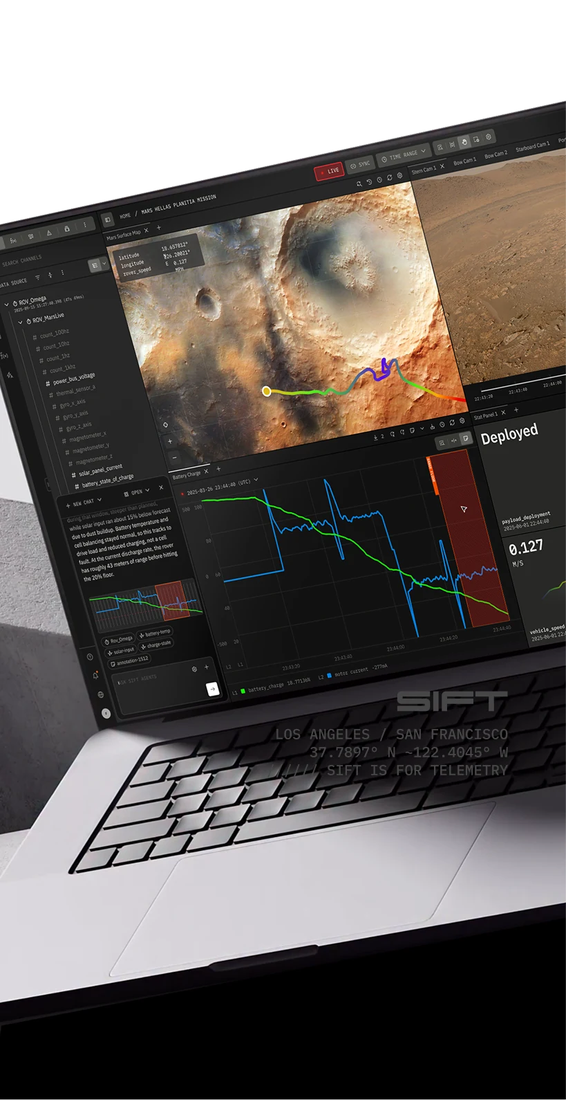 The Sift application open on a laptop, running a live Mars rover mission: a surface map tracing the rover's driven path, a rover camera feed, a battery-charge chart with a flagged discharge window, and deployment and speed stat panels.