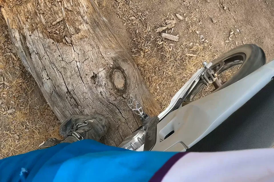 Rider's view of a Dust Moto bike stopped against a fallen log on a dry trail
