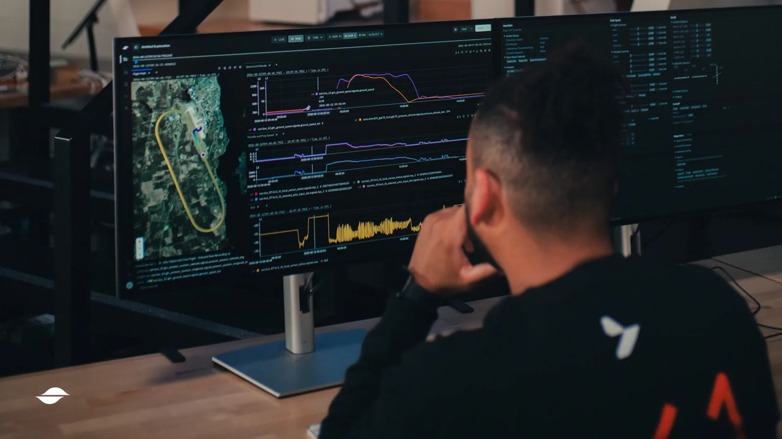An engineer compares test runs in Sift on two monitors: a flight track map beside overlaid time-series plots