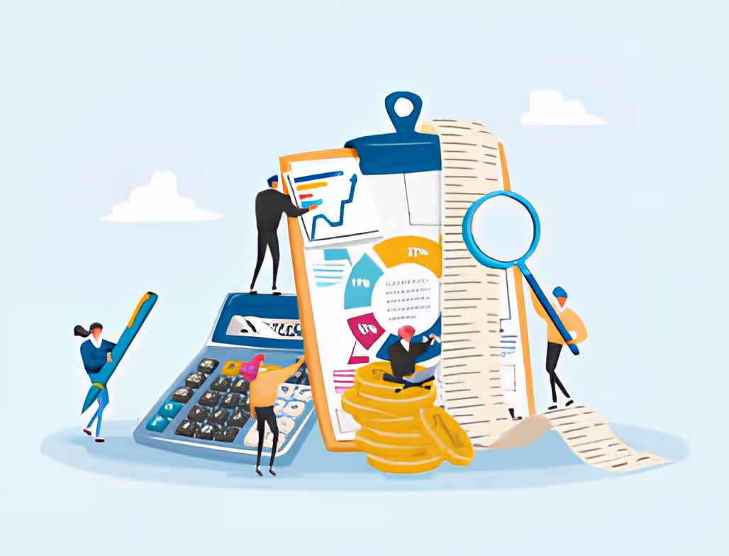 Illustration représentant des experts-comptables travaillant sur des outils financiers – calculatrice, graphiques, pièces de monnaie, factures – symbolisant la gestion comptable et la transition vers un nouveau logiciel.