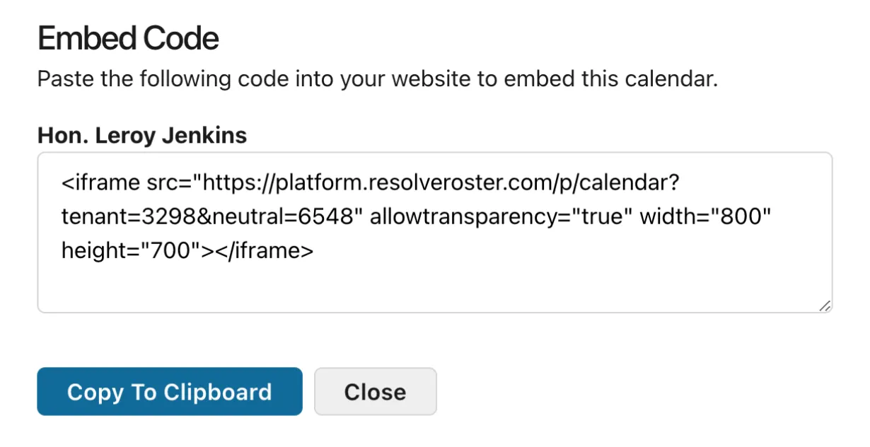 embed code generator for ResolveRoster ADR calendar