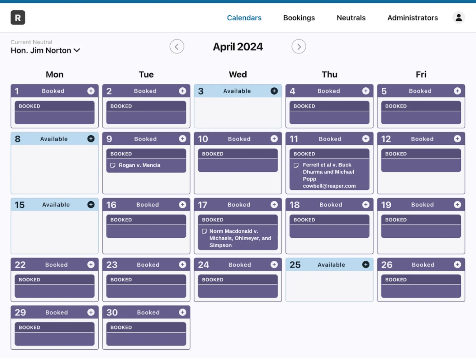 a backend look at an ADR neutral's calendar in ResolveRoster