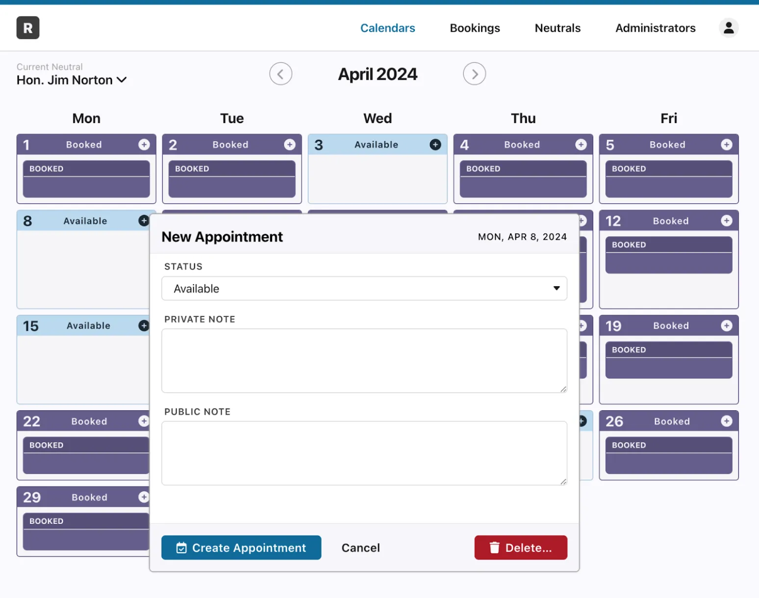 dialog box to add a new appointment to a ResolveRoster neutral calendar